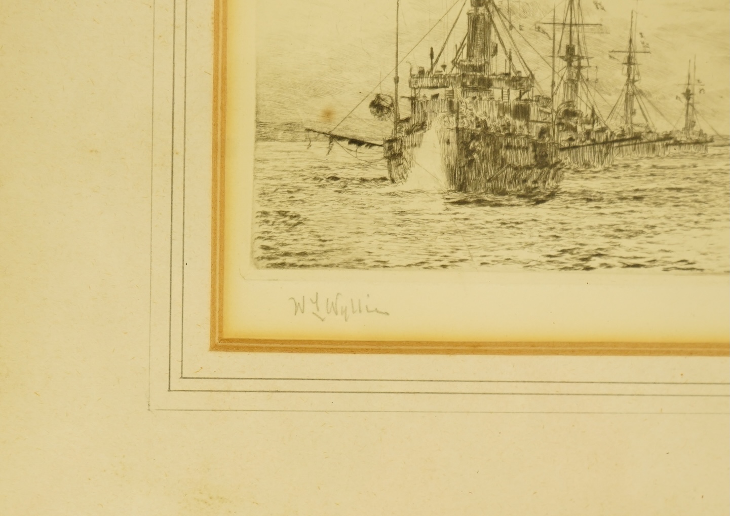 William Lionel Wyllie (1851-1931), 'Full speed ahead' and 'The Convoy', each signed, pair of etchings, 12 x 23cm